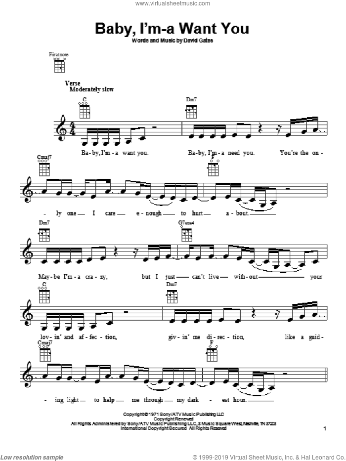 Baby, I'm-A Want You sheet music for ukulele by Bread and David Gates, intermediate skill level