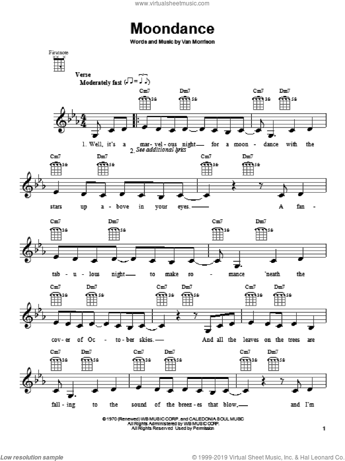 Moondance sheet music for ukulele by Van Morrison, intermediate skill level