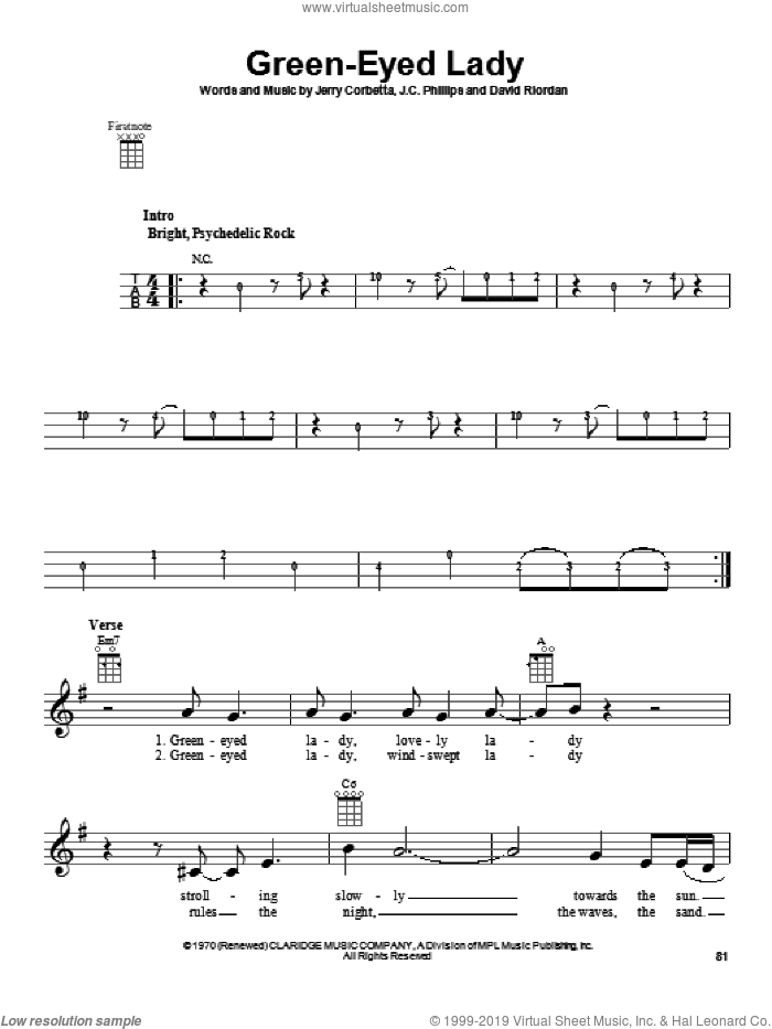 Green-Eyed Lady sheet music for ukulele by Sugarloaf, intermediate skill level