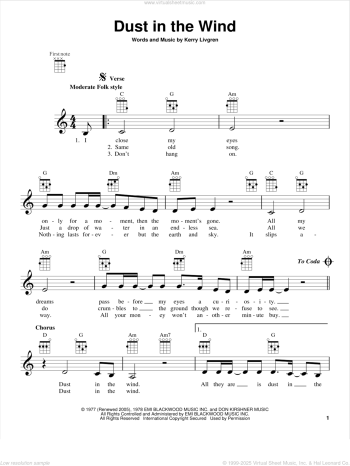 Dust In The Wind (from The Daily Ukulele) sheet music for ukulele by Kansas, intermediate skill level