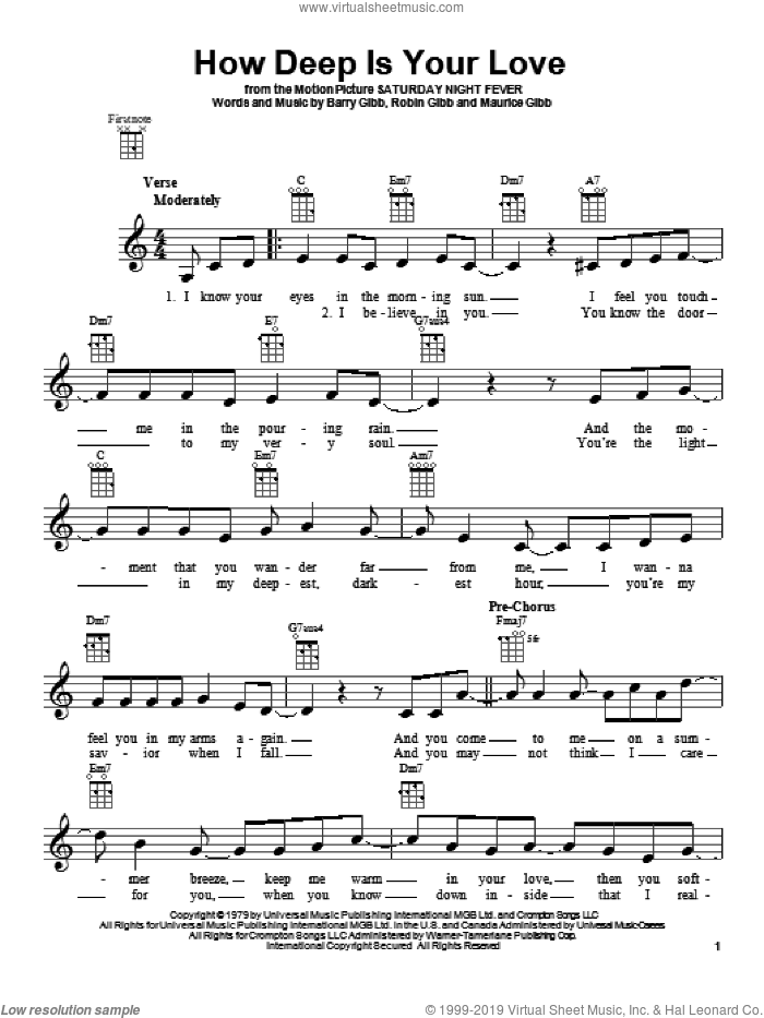 How Deep Is Your Love sheet music for ukulele by Bee Gees, intermediate skill level