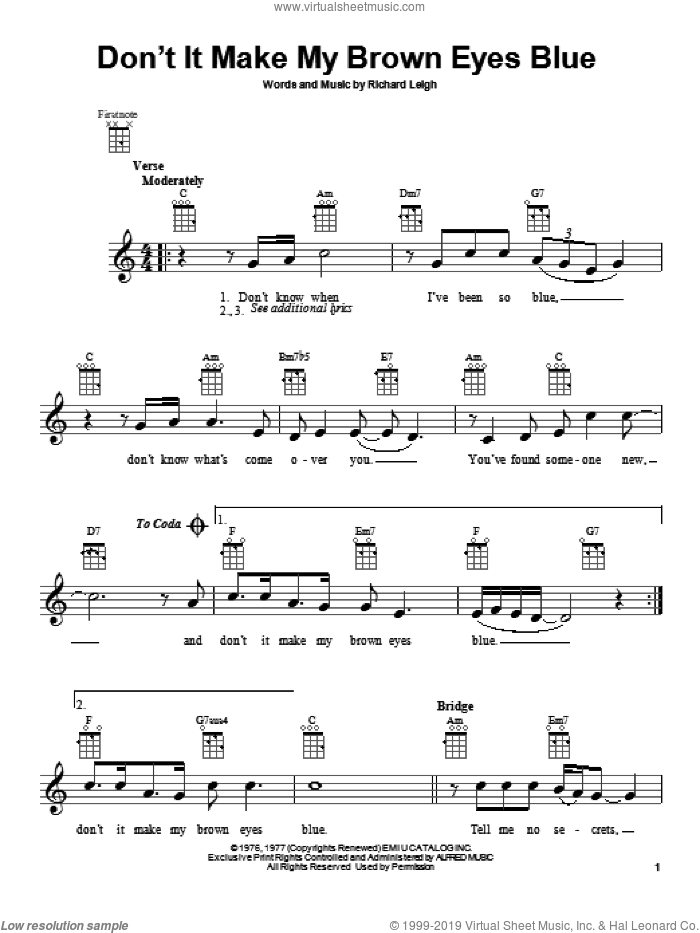 Don't It Make My Brown Eyes Blue sheet music for ukulele by Crystal Gayle and Richard Leigh, intermediate skill level
