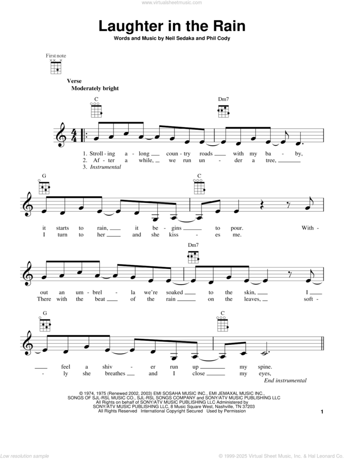 Laughter In The Rain sheet music for ukulele by Neil Sedaka and Phil Cody, intermediate skill level