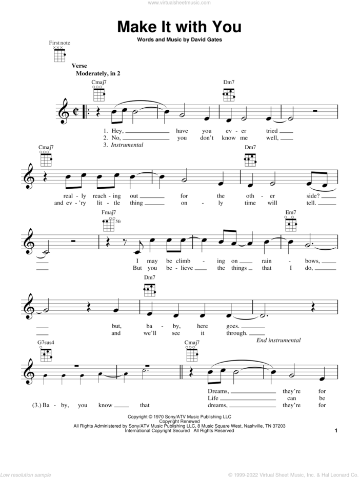 Make It With You sheet music for ukulele by Bread, intermediate skill level