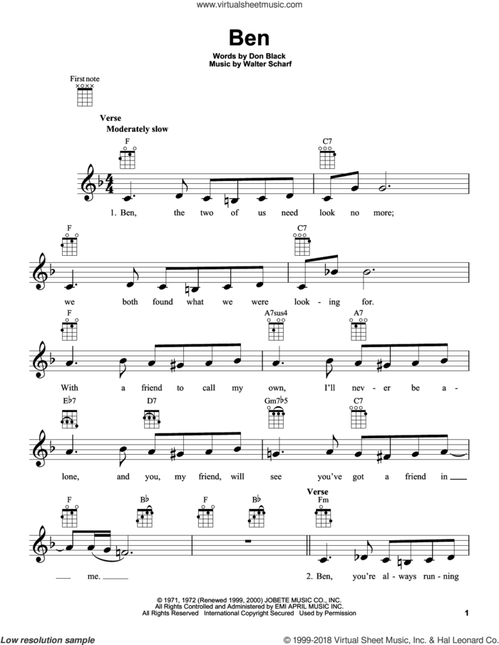 Ben sheet music for ukulele by Michael Jackson, intermediate skill level