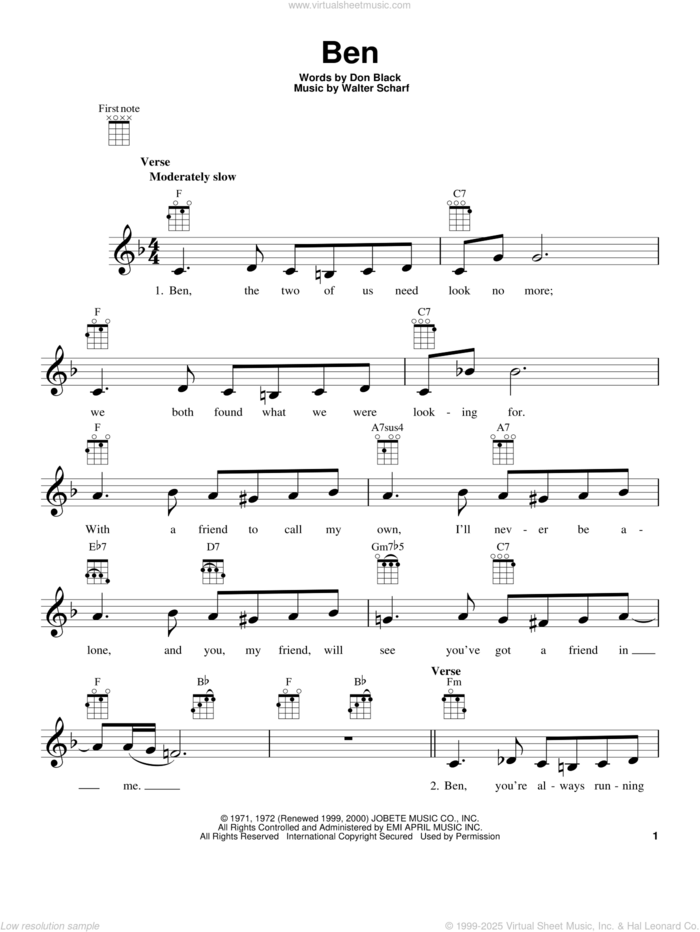 Ben sheet music for ukulele by Michael Jackson, intermediate skill level