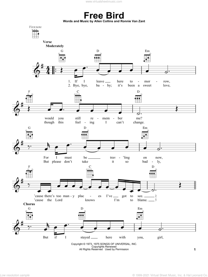 Free Bird sheet music for ukulele by Lynyrd Skynyrd, intermediate skill level