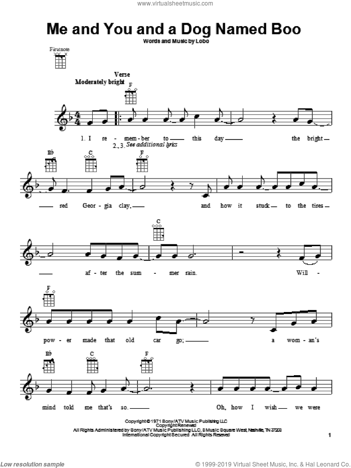 Me And You And A Dog Named Boo sheet music for ukulele by Lobo, intermediate skill level