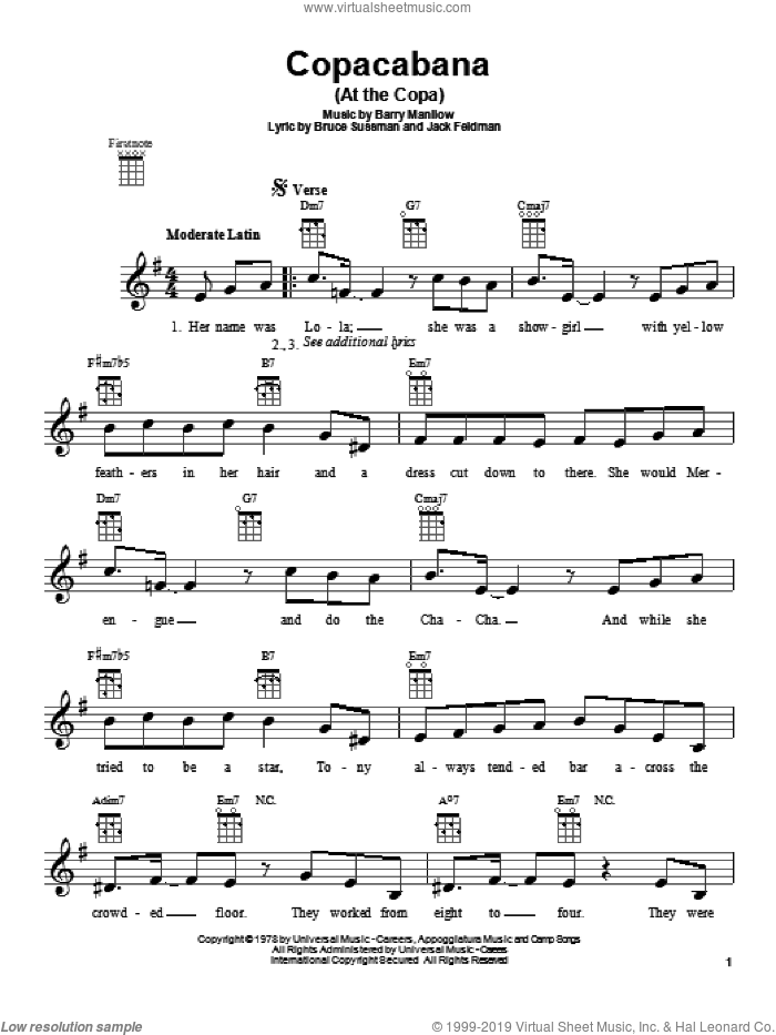 Copacabana (At The Copa) sheet music for ukulele by Barry Manilow, intermediate skill level