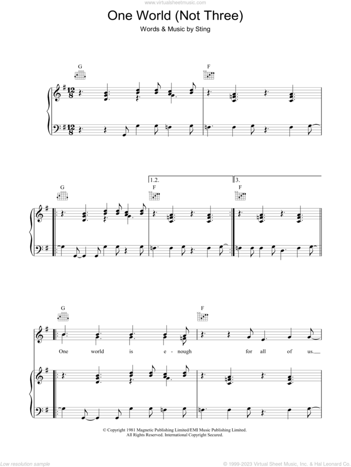 One World (Not Three) sheet music for voice, piano or guitar by The Police and Sting, intermediate skill level