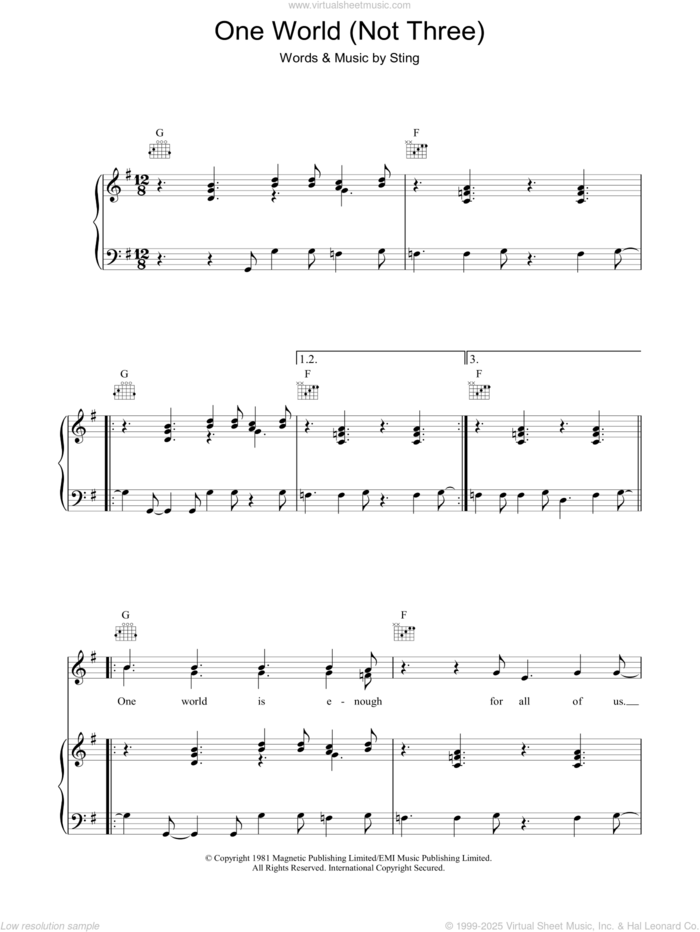 One World (Not Three) sheet music for voice, piano or guitar by The Police and Sting, intermediate skill level