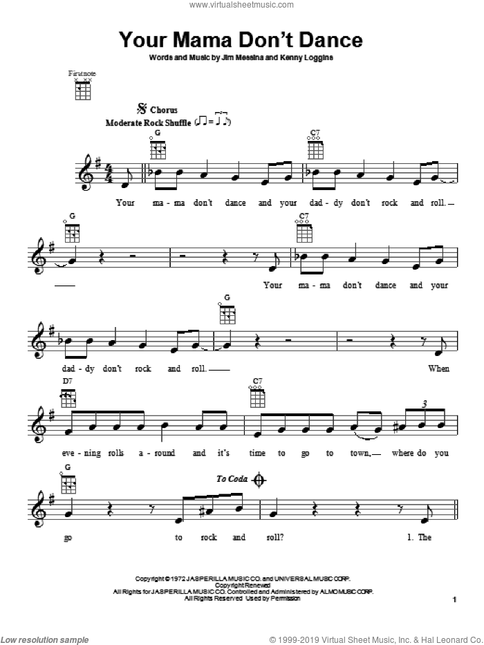 Your Mama Don't Dance sheet music for ukulele by Loggins And Messina, Dave Loggins and Jim Messina, intermediate skill level