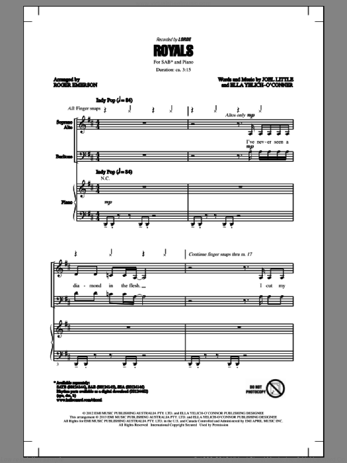 Royals sheet music for choir (SAB: soprano, alto, bass) by Roger Emerson and Lorde, intermediate skill level