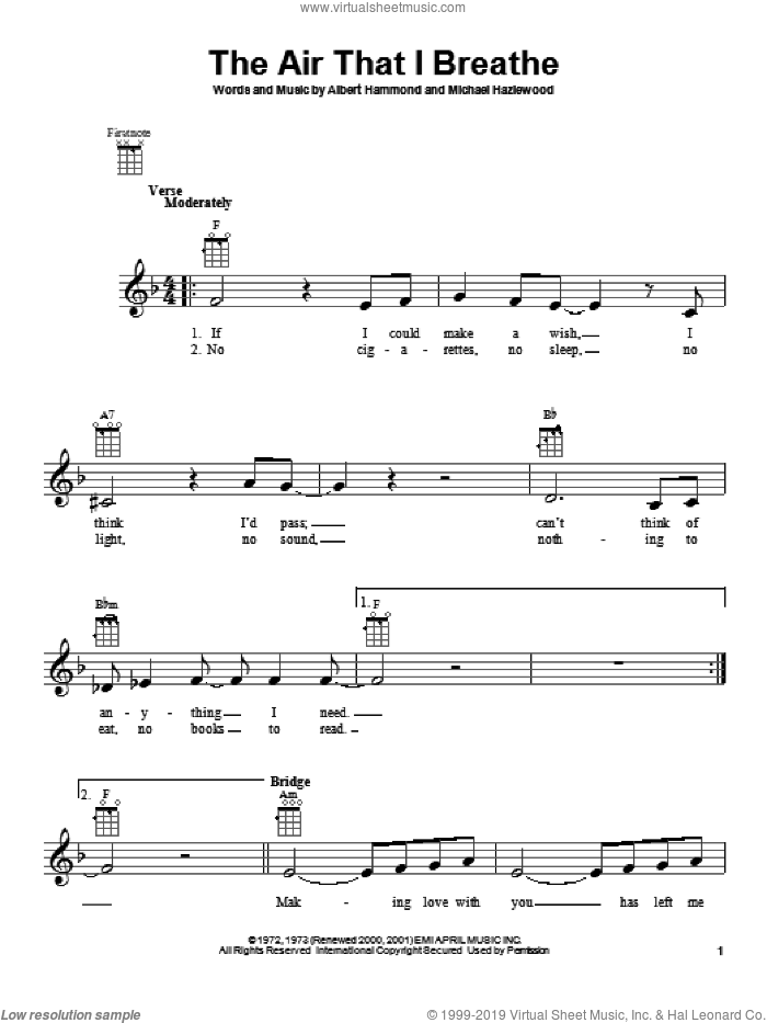 The Air That I Breathe sheet music for ukulele by The Hollies, intermediate skill level