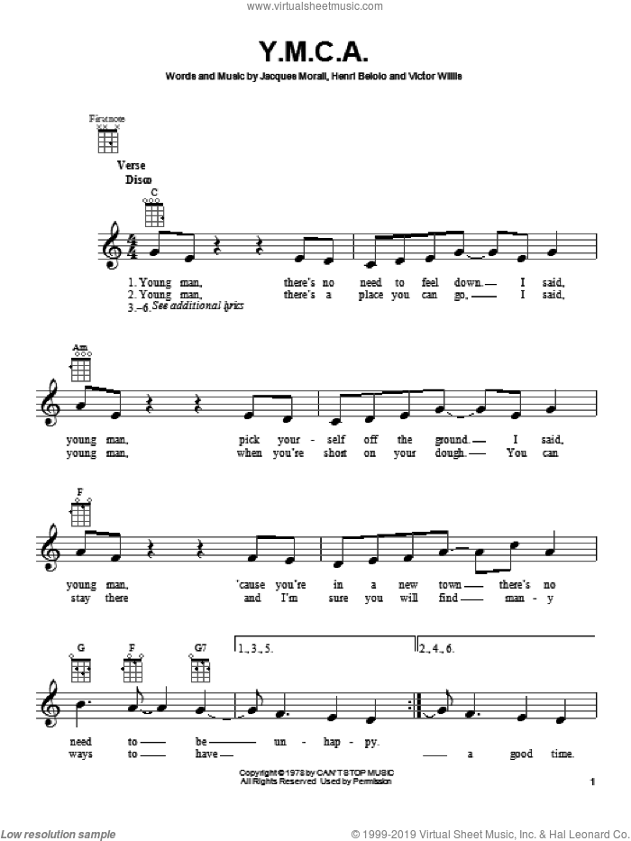 Y.M.C.A. sheet music for ukulele by Village People, intermediate skill level