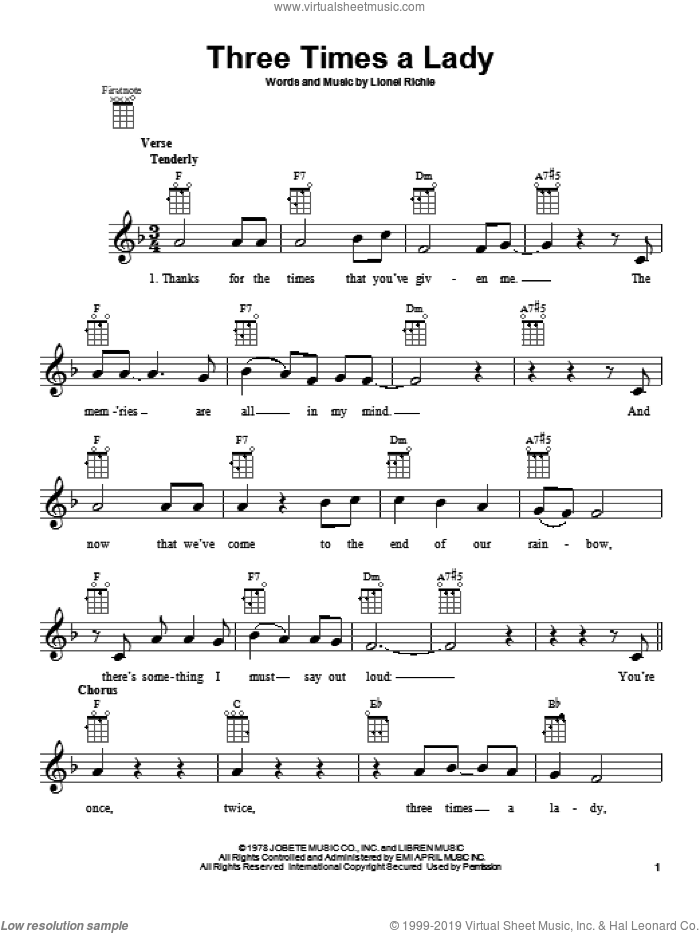 Three Times A Lady sheet music for ukulele by The Commodores and Lionel Richie, intermediate skill level