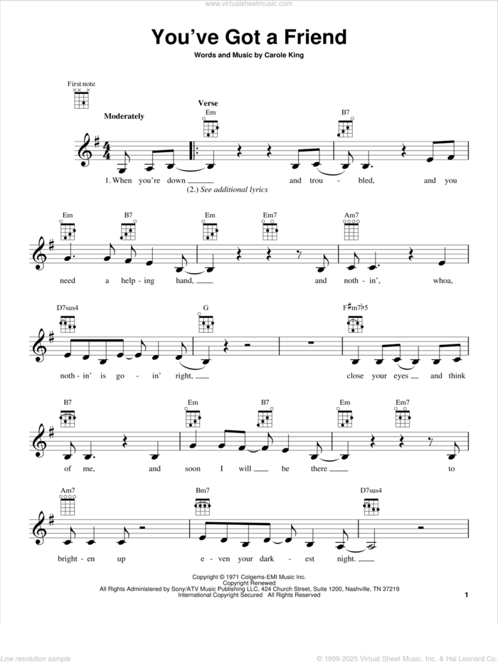 You've Got A Friend sheet music for ukulele by James Taylor and Carole King, intermediate skill level