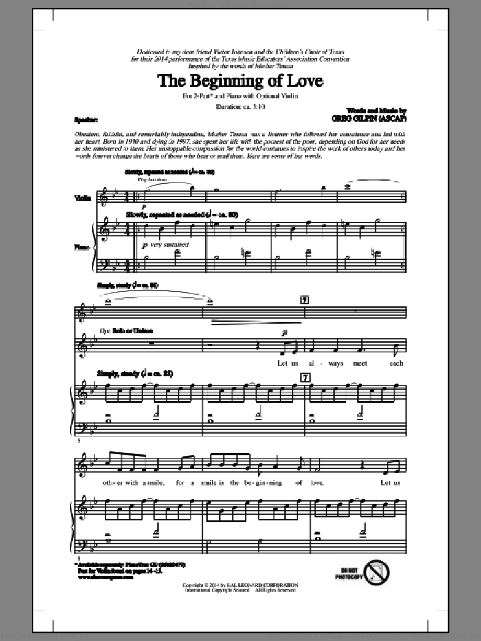 The Beginning Of Love sheet music for choir (2-Part) by Greg Gilpin, intermediate duet