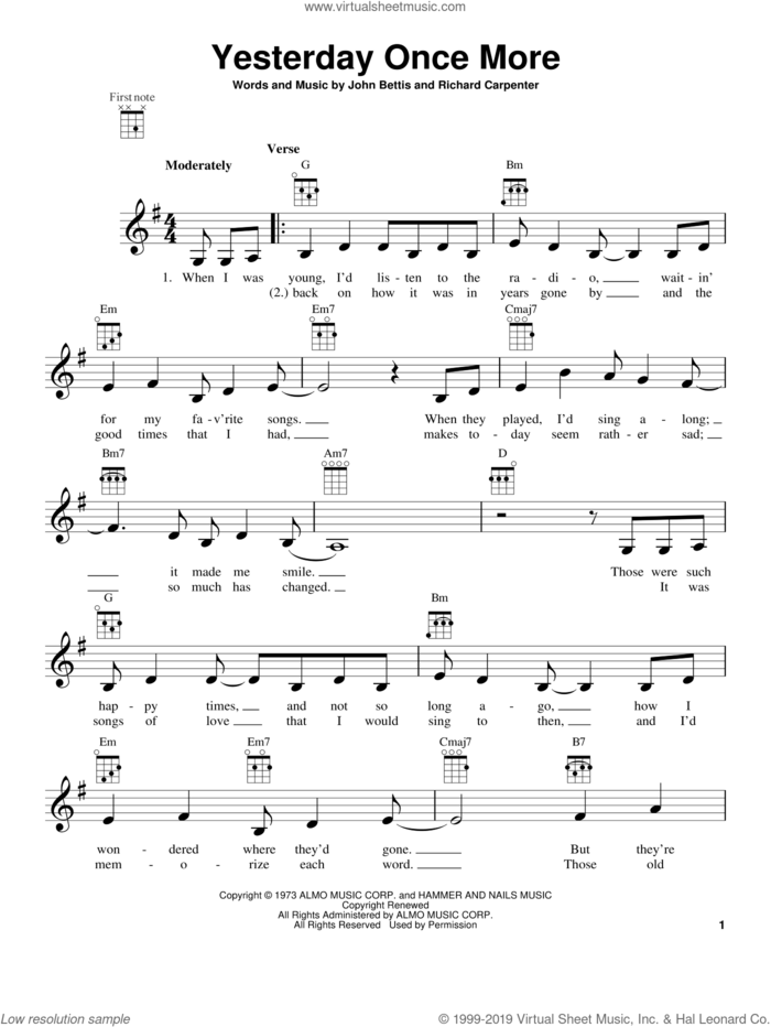 Yesterday Once More sheet music for ukulele by Carpenters, intermediate skill level