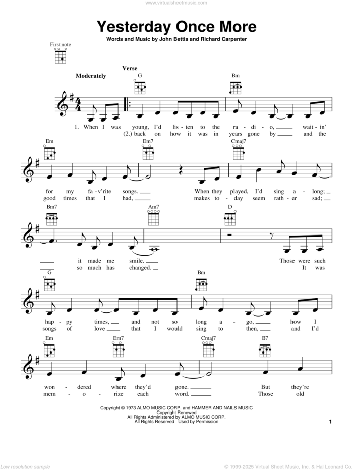 Yesterday Once More sheet music for ukulele by Carpenters, intermediate skill level