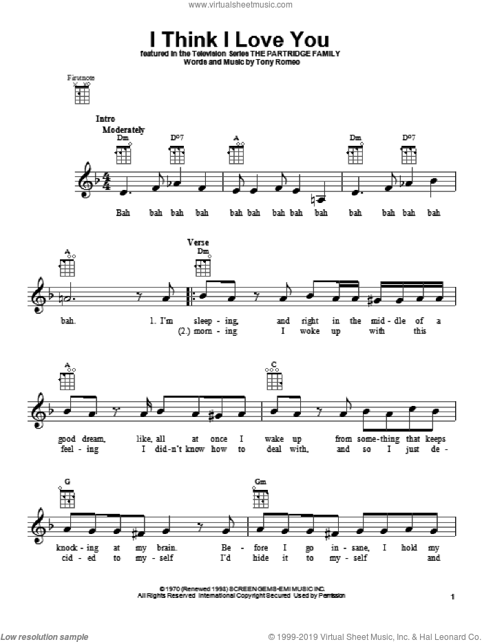 I Think I Love You sheet music for ukulele by The Partridge Family, intermediate skill level