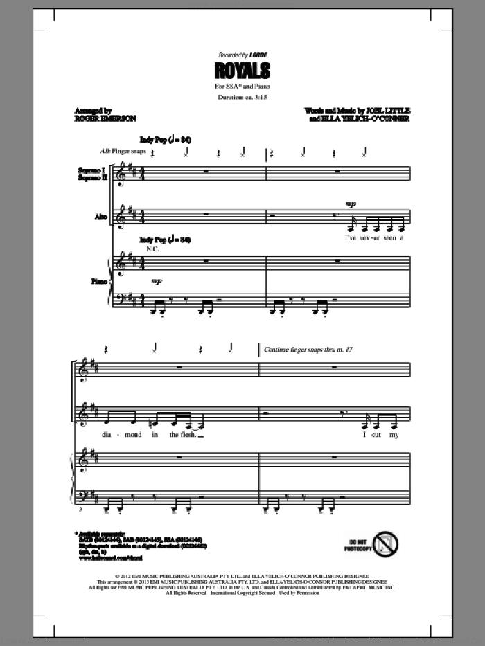 Royals sheet music for choir (SSA: soprano, alto) by Roger Emerson and Lorde, intermediate skill level