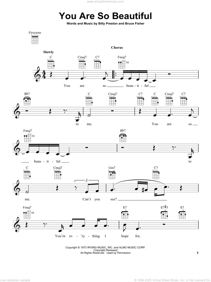 You Are So Beautiful sheet music for ukulele by Joe Cocker, intermediate skill level