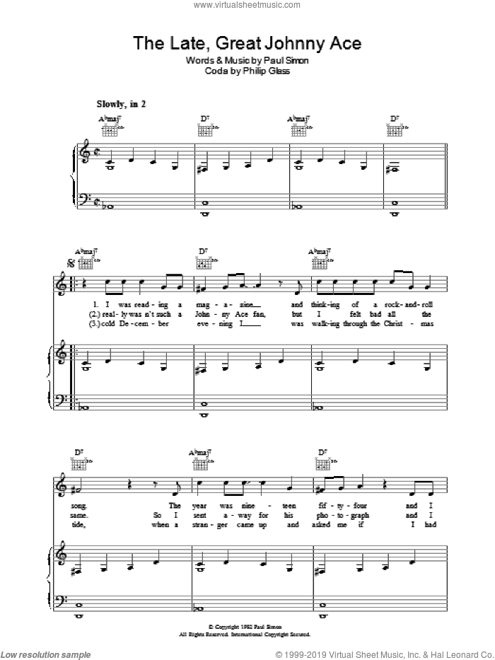 The Late Great Johnny Ace sheet music for voice, piano or guitar by Paul Simon and Philip Glass, intermediate skill level