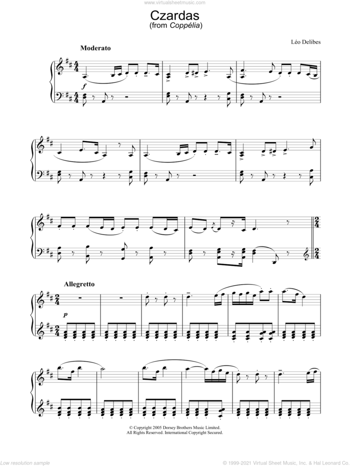 Czardas (from Coppelia) sheet music for piano solo by Leo Delibes, classical score, intermediate skill level