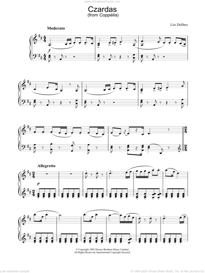 Czardas (from Coppelia) sheet music for piano solo by Leo Delibes, classical score, intermediate skill level