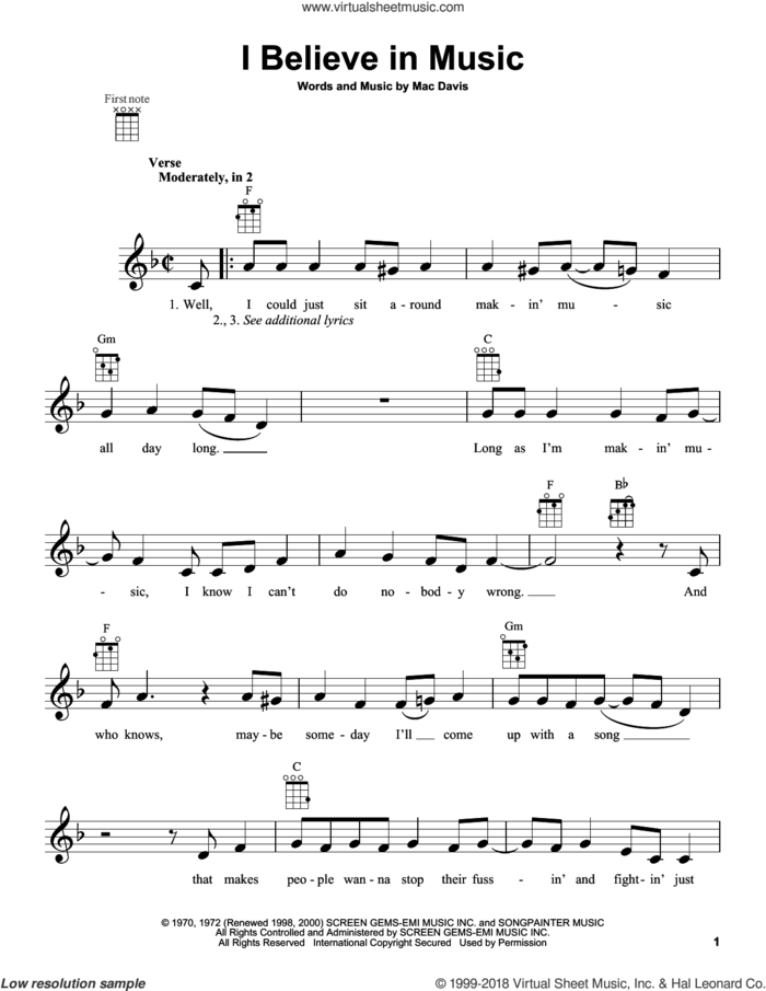 I Believe In Music sheet music for ukulele by Mac Davis and Gallery, intermediate skill level