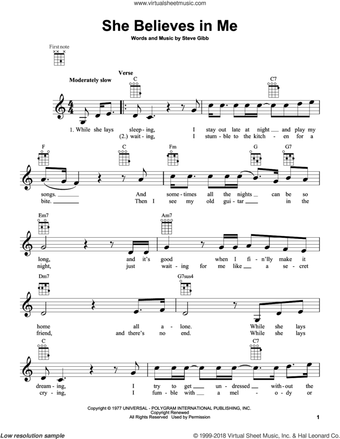 She Believes In Me sheet music for ukulele by Kenny Rogers and Steve Gibb, intermediate skill level