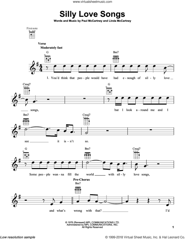 Silly Love Songs sheet music for ukulele by Wings, Linda McCartney and Paul McCartney, intermediate skill level
