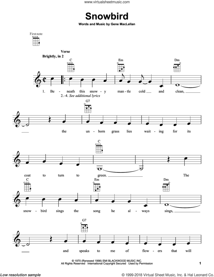 Snowbird sheet music for ukulele by Elvis Presley, Anne Murray and Gene MacLellan, intermediate skill level