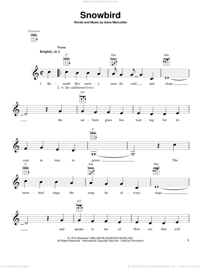 Snowbird sheet music for ukulele by Elvis Presley, Anne Murray and Gene MacLellan, intermediate skill level