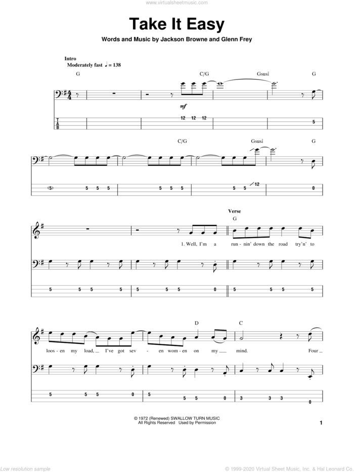 Take It Easy sheet music for bass (tablature) (bass guitar) by The Eagles, intermediate skill level