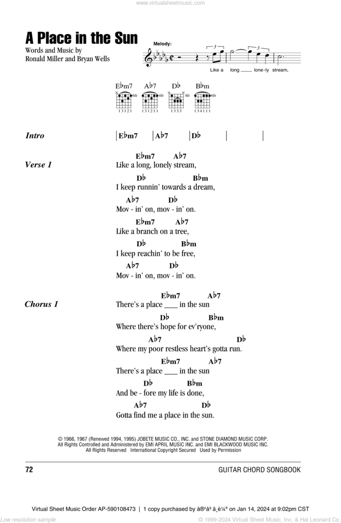 A Place In The Sun sheet music for guitar (chords) by Stevie Wonder, intermediate skill level