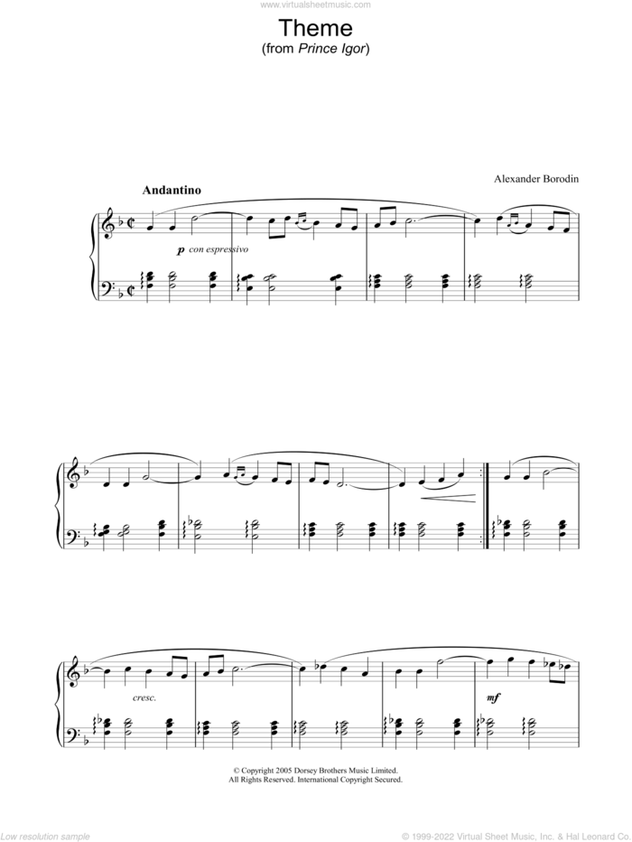 Theme From Prince Igor sheet music for piano solo by Alexander Borodin, classical score, intermediate skill level