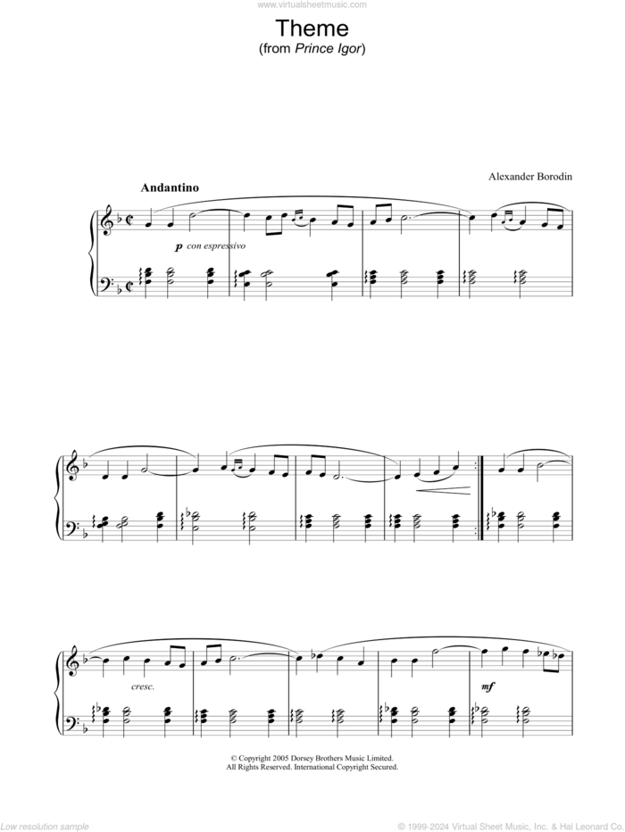 Theme From Prince Igor sheet music for piano solo by Alexander Borodin, classical score, intermediate skill level