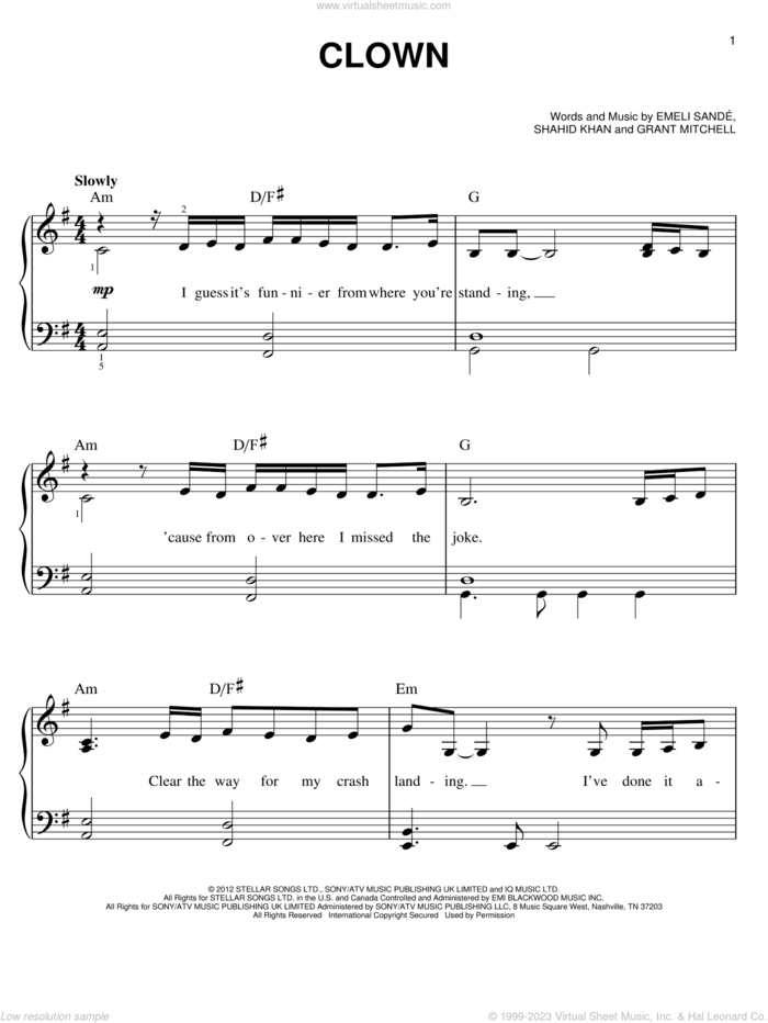 Clown sheet music for piano solo by Emeli Sande, easy skill level