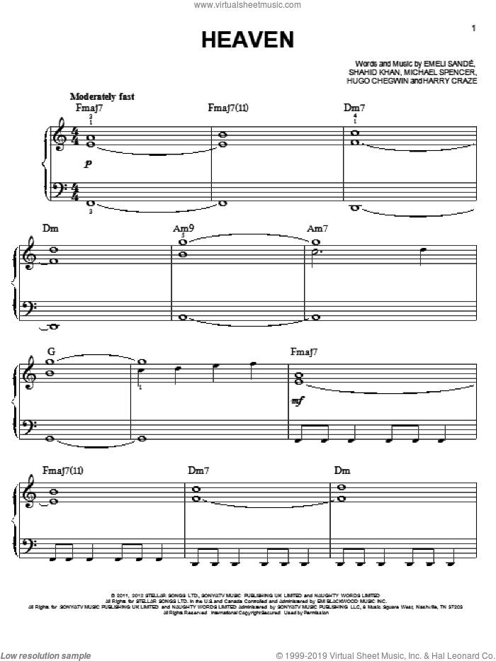 Heaven sheet music for piano solo by Emeli Sande, easy skill level