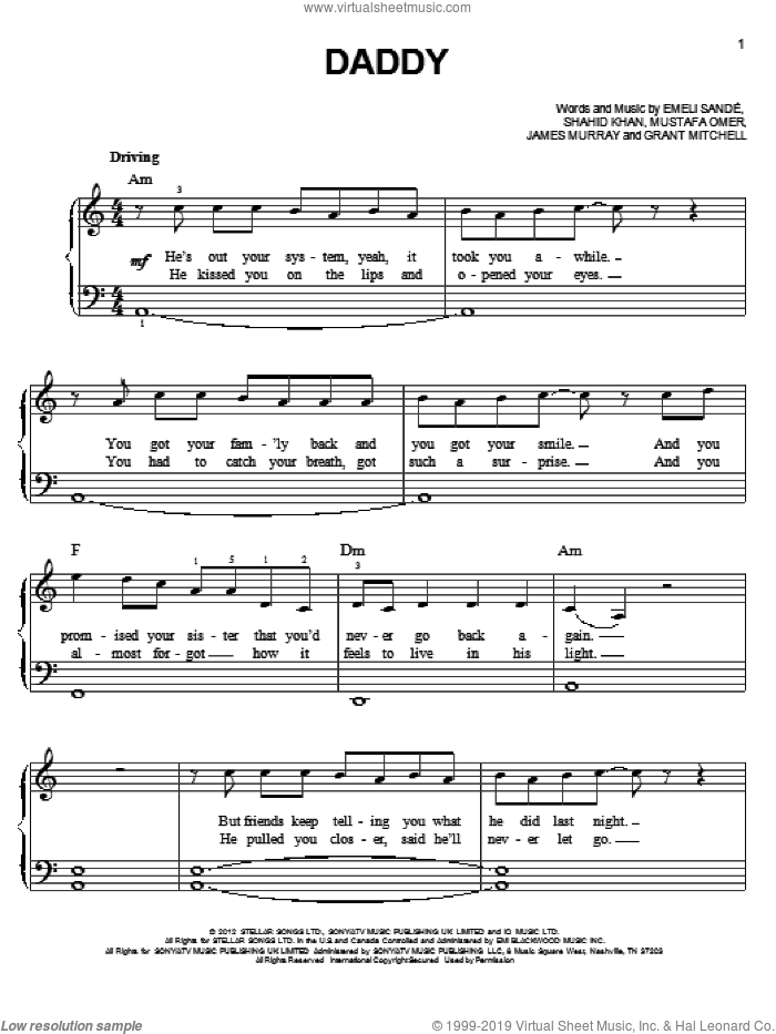 Daddy sheet music for piano solo by Emeli Sande, easy skill level
