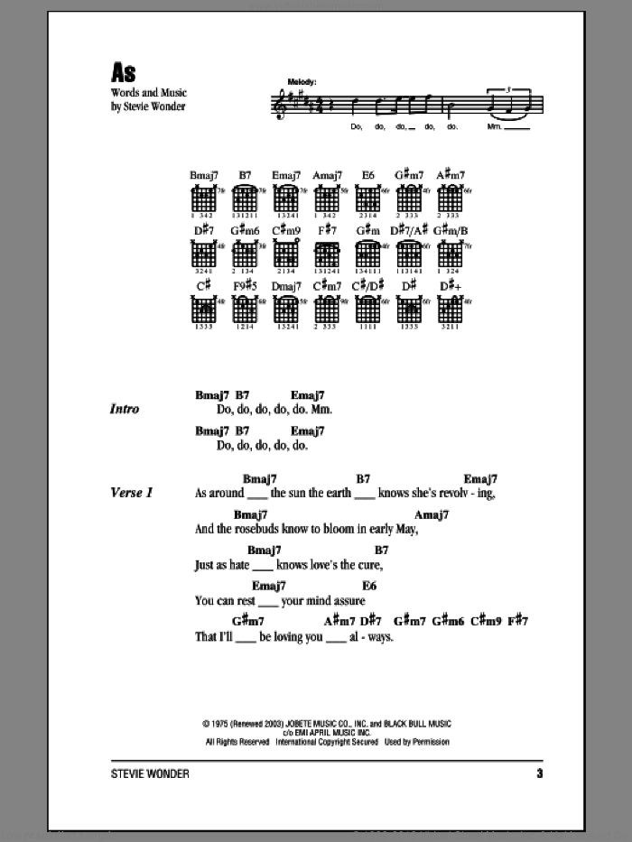 As sheet music for guitar (chords) by Stevie Wonder, intermediate skill level