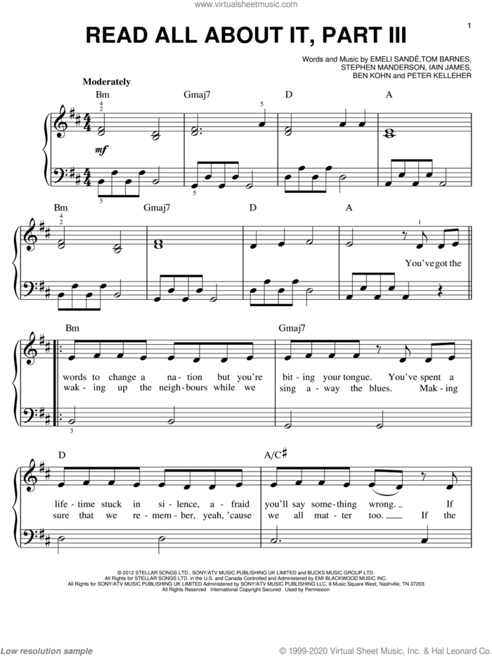 Read All About It, Part III, (easy) sheet music for piano solo by Emeli Sande, easy skill level
