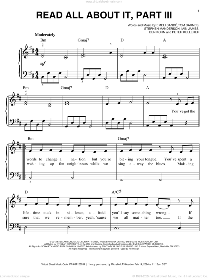 Read All About It, Part III, (easy) sheet music for piano solo by Emeli Sande, easy skill level