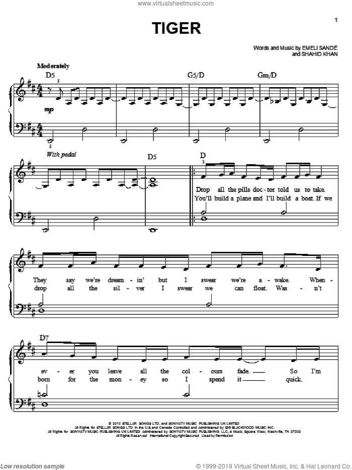Tiger sheet music for piano solo by Emeli Sande, easy skill level