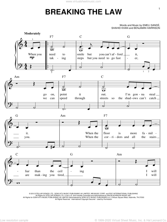 Breaking The Law sheet music for piano solo by Emeli Sande, easy skill level
