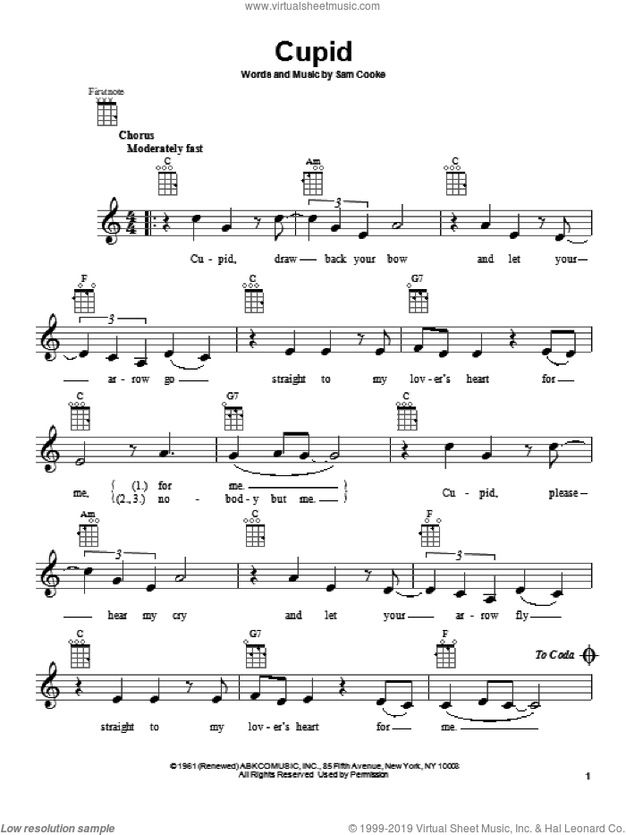 Cupid sheet music for ukulele by Sam Cooke, intermediate skill level