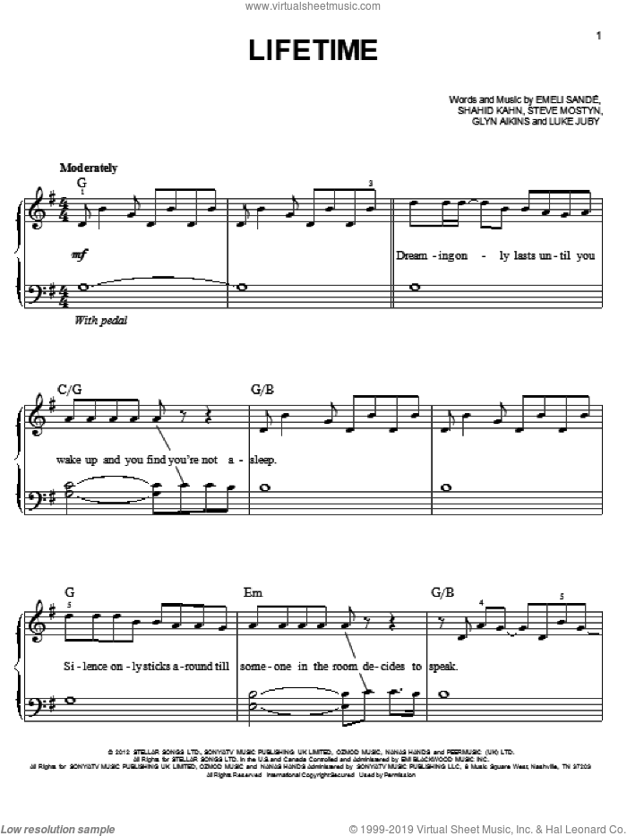 Lifetime sheet music for piano solo by Emeli Sande, easy skill level