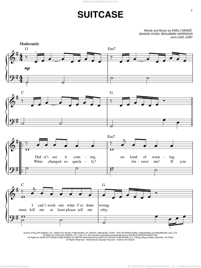Suitcase sheet music for piano solo by Emeli Sande, easy skill level